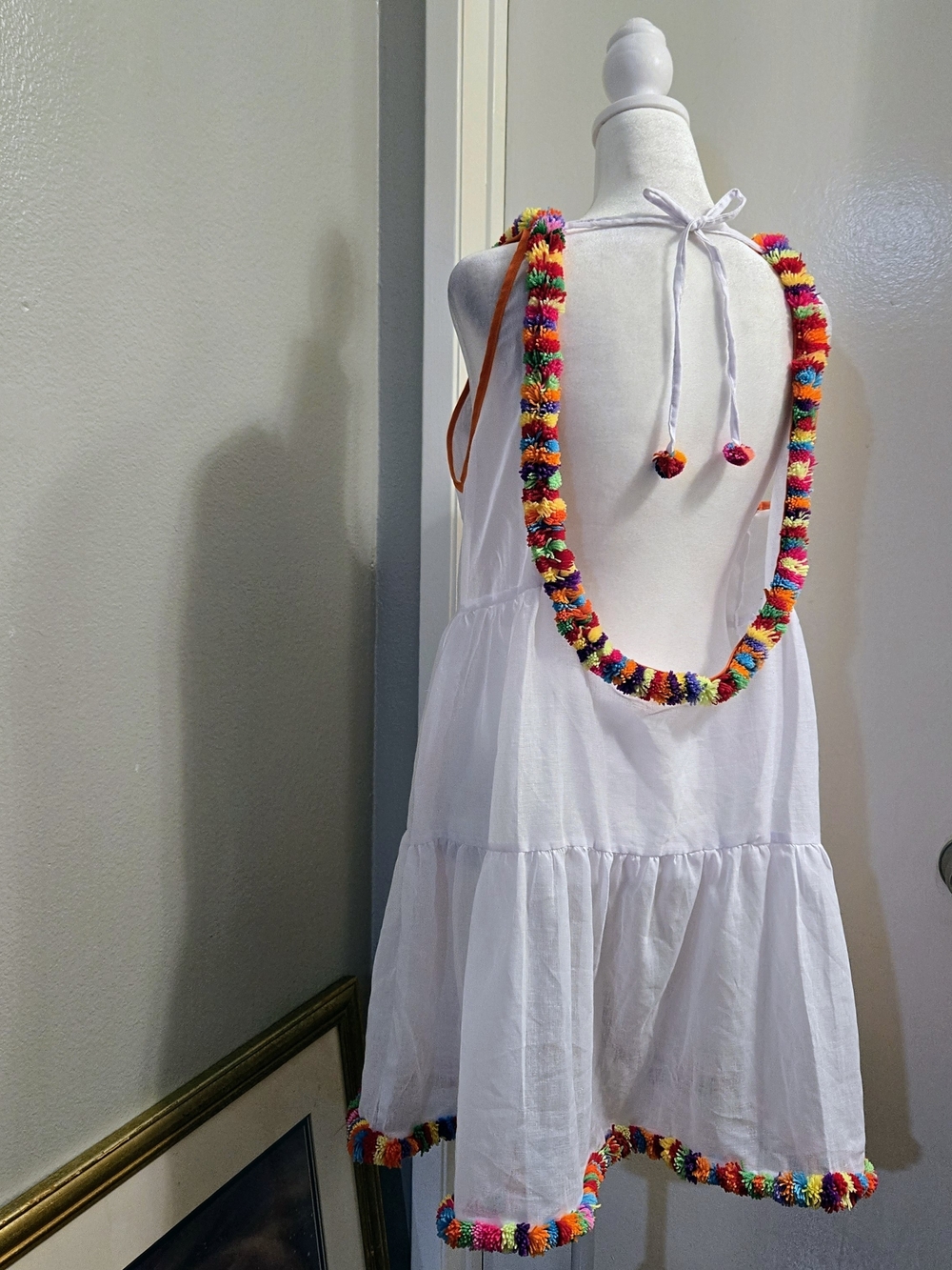 White Organic lightweight Tiered Sundress with Colorful Pom Pom Trim Size M